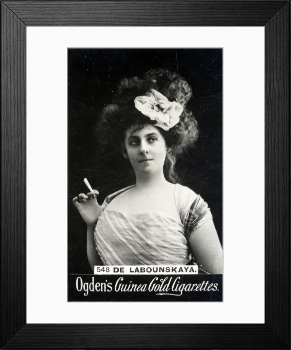 Framed Print : Stage actress Miss de Labounskaya, on Ogden's Cigarette Card, ca. 1894-1907 Framed Print : Stage actress Miss de Labounskaya, on Ogden's Cigarette Card, ca. 1894-1907