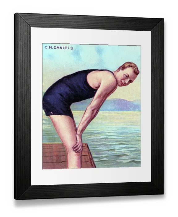 Framed Print : Swimming Champion C M Daniels, Hassan Cigarettes, collectible tobacco card, 1910 Framed Print : Swimming Champion C M Daniels, Hassan Cigarettes, collectible tobacco card, 1910