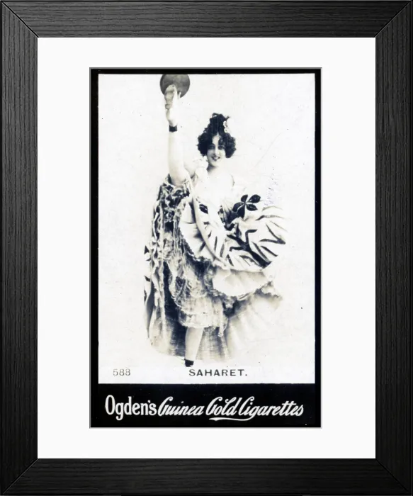 Framed Print : Dancer Saharet in Full Kick on Ogden's Cigarette Card, circa 1894-1907 Framed Print : Dancer Saharet in Full Kick on Ogden's Cigarette Card, circa 1894-1907