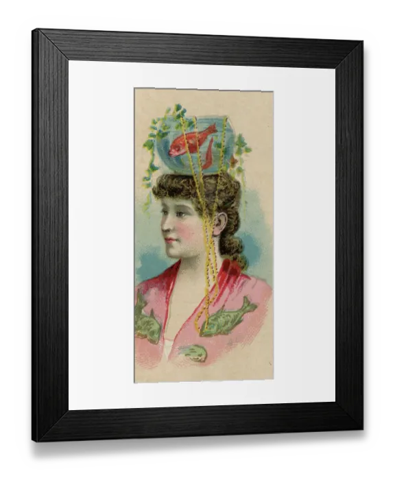 Framed Print : Actress Madge Bannister, wearing goldfish bowl as a hat, on cigarette card, 1887 Framed Print : Actress Madge Bannister, wearing goldfish bowl as a hat, on cigarette card, 1887