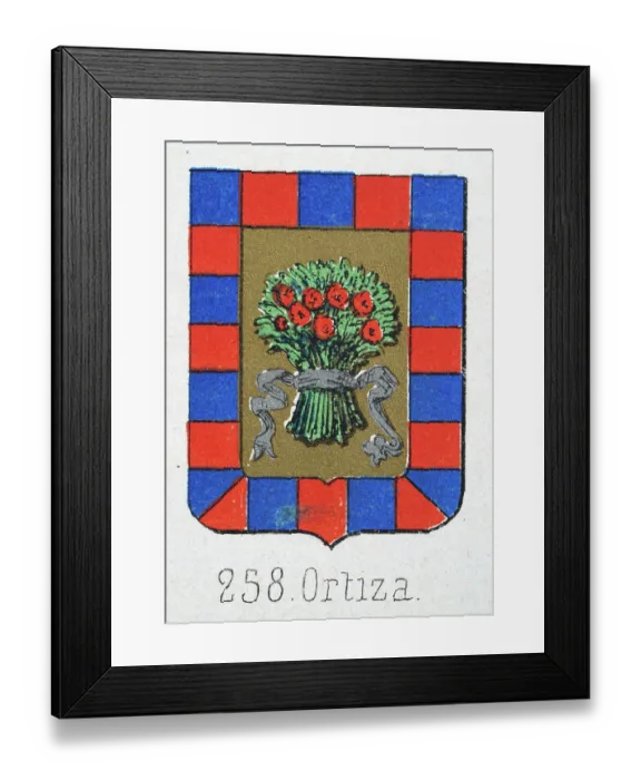 Framed Print : Medieval heraldry, Coat of arms, Shield with, Bunch, Red, Poppies, Blue, Red, Checked, Border, Spanish, Vintage illustration