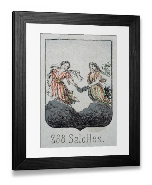 Framed Print : Medieval heraldry, Coat of arms, Shield with, Dancing, Women, Spanish, Vintage illustration Framed Print : Medieval heraldry, Coat of arms, Shield with, Dancing, Women, Spanish, Vintage illustration