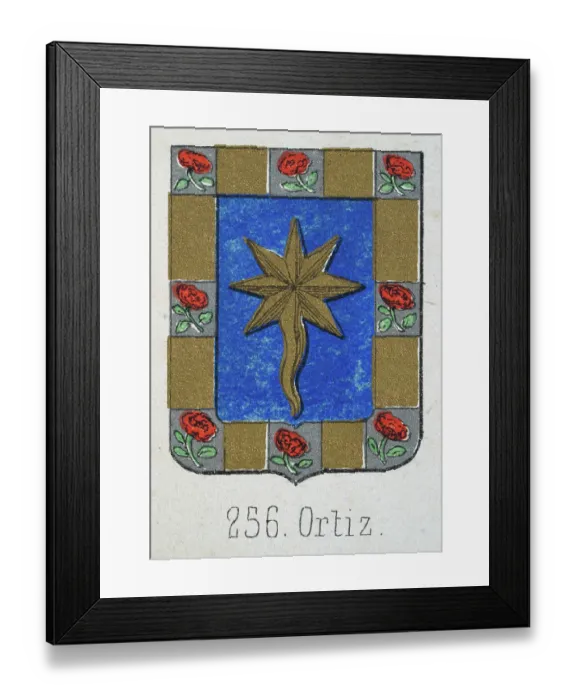 Framed Print : Medieval heraldry, Coat of arms, Shield with, Gold, shooting star, Blue, Red, Rose, Spanish, Vintage illustration Framed Print : Medieval heraldry, Coat of arms, Shield with, Gold, shooting star, Blue, Red, Rose, Spanish, Vintage illustration