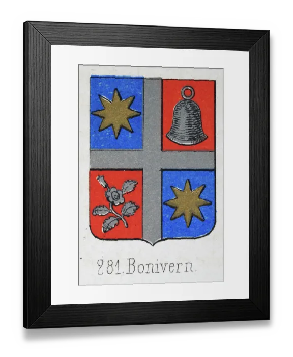 Framed Print : Medieval heraldry, Coat of arms, Shield with, Gold, Star, Blue, Silver, Bell, Flower, Cross, Spanish, Vintage illustration