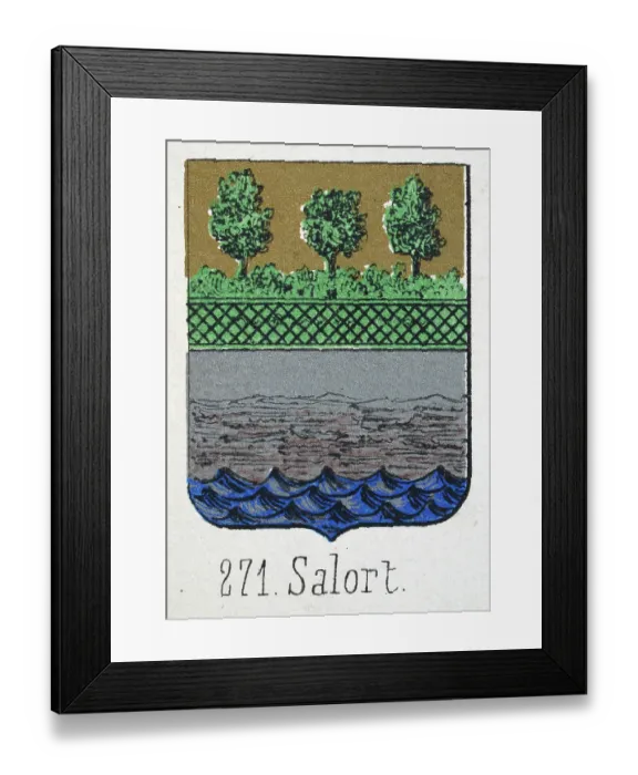 Framed Print : Medieval heraldry, Coat of arms, Shield with, Green, Tree, Sea, Spanish, Vintage illustration