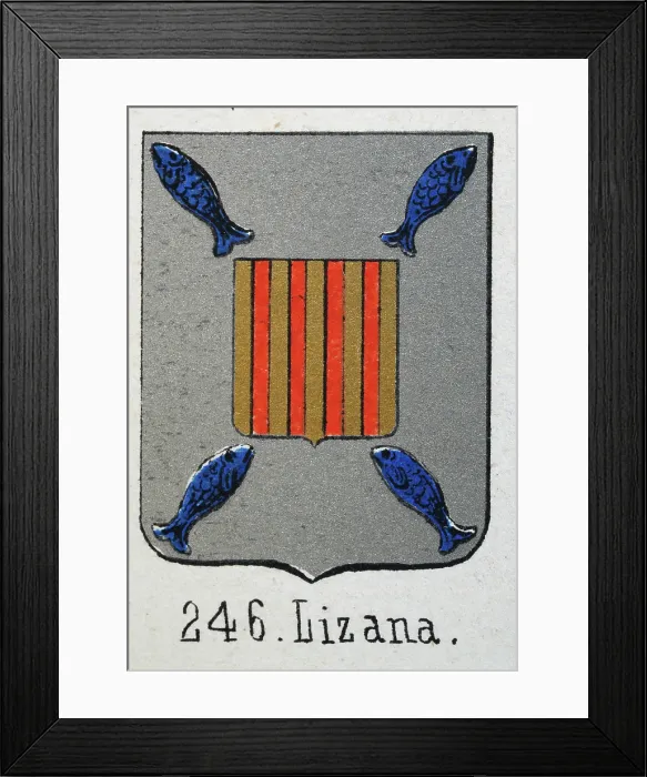 Framed Print : Medieval heraldry, Coat of arms, Shield with, blue, fish, Silver, Striped, Spanish, Vintage illustration Framed Print : Medieval heraldry, Coat of arms, Shield with, blue, fish, Silver, Striped, Spanish, Vintage illustration