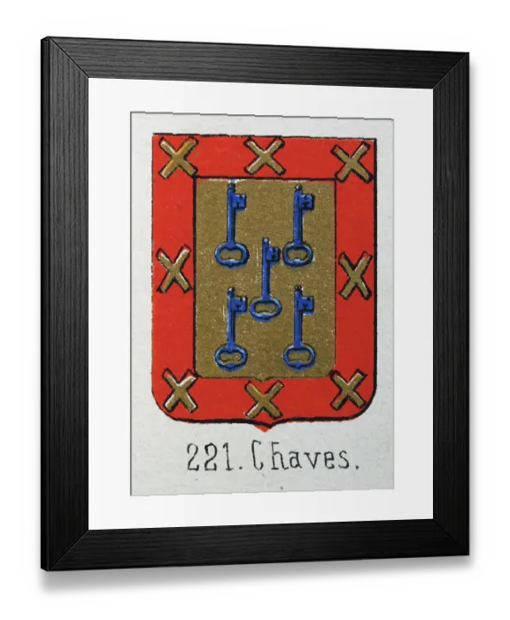 Framed Print : Medieval heraldry, Coat of arms, Shield with, blue, key, gold, red, cross, Spanish, Vintage illustration