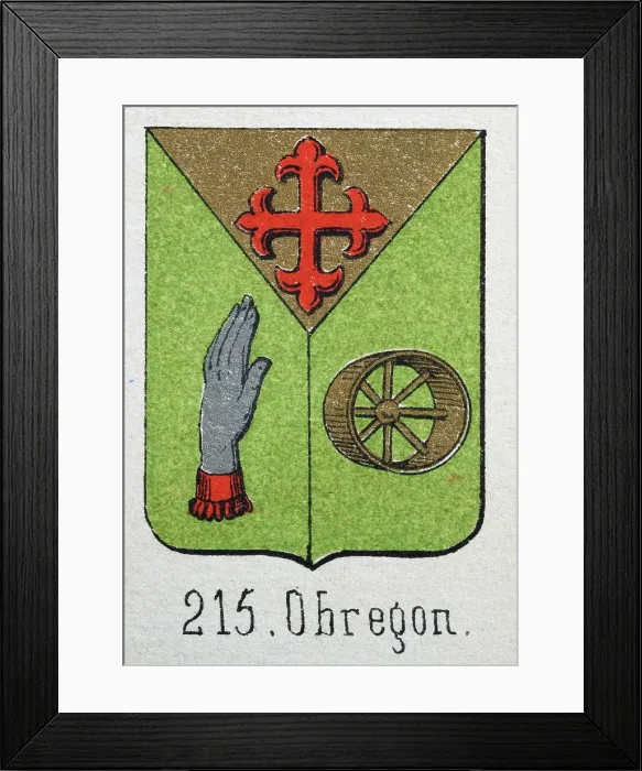 Framed Print : Medieval heraldry, Coat of arms, Shield with, Red, Cross, Fleury, Silver, Hand, Gold, Wheel, Green, Spanish, Vintage illustration