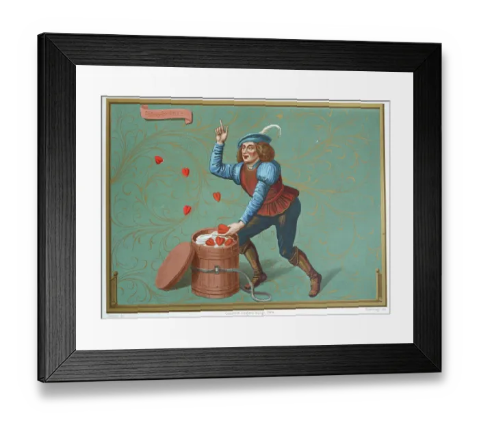 Framed Print : Medieval history, allegory on love, man throwing hearts, Rogier bontemps, semi-mythical French figure who personifies a state of leisure and freedom from care, 15th century, Vintage illustration Framed Print : Medieval history, allegory on love, man throwing hearts, Rogier bontemps, semi-mythical French figure who personifies a state of leisure and freedom from care, 15th century, Vintage illustration