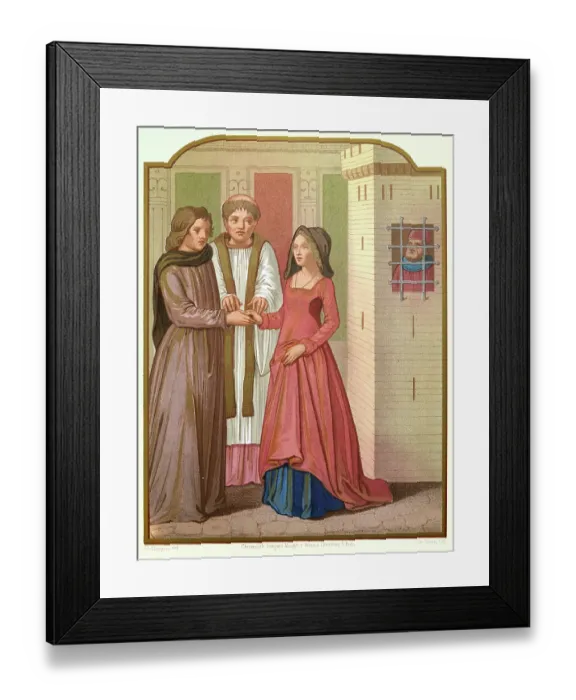 Framed Print : Medieval history, Priest marriage a young couple, The Woman with Two Husbands, French, 15th century, Vintage illustration, La Femme aux Deux Maris Framed Print : Medieval history, Priest marriage a young couple, The Woman with Two Husbands, French, 15th century, Vintage illustration, La Femme aux Deux Maris