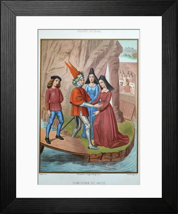 Framed Print : Medieval history, two women greeting a knight in armour and a winged helmet, 15th century, Vintage illustration, Compagnie et amitie, Company and friendship Framed Print : Medieval history, two women greeting a knight in armour and a winged helmet, 15th century, Vintage illustration, Compagnie et amitie, Company and friendship