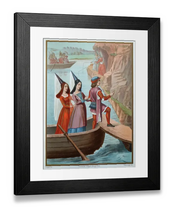 Framed Print : Medieval history, two women wearing Hennin cone headdress, disemaking from a boat with a man, in background they are fishing with rods, 15th century, Vintage illustration, Les Dames Marinieres, The Ladies Sailors