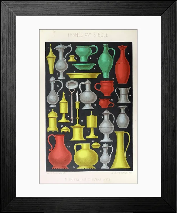Framed Print : Examples of medieval jugs and vase, pewter metalwork, French 15th Century, Vintage illustration Framed Print : Examples of medieval jugs and vase, pewter metalwork, French 15th Century, Vintage illustration