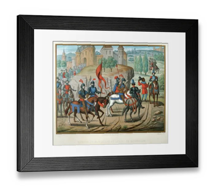 Framed Print : Medieval history, army of knights and horse back leaving a castle, black servant, French 15th Century, Vintage illustration Framed Print : Medieval history, army of knights and horse back leaving a castle, black servant, French 15th Century, Vintage illustration