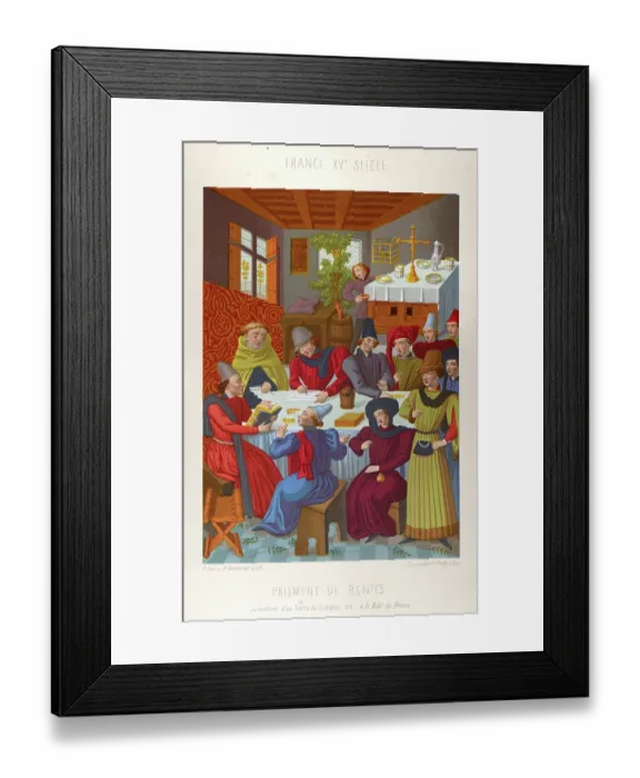 Framed Print : Medieval history, French bourgeois paying income taxes, 15th century, Vintage illustration, Paiment de Rentes Framed Print : Medieval history, French bourgeois paying income taxes, 15th century, Vintage illustration, Paiment de Rentes