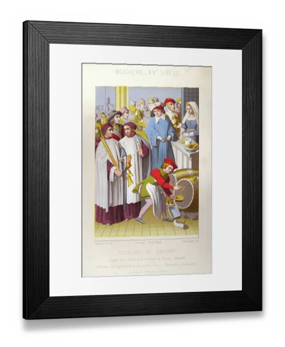 Framed Print : Medieval history, Waiter getting beer from a barrel, Bar maid serving customer, bar or cabaret, Belgium, 15th century, Vintage illustration Framed Print : Medieval history, Waiter getting beer from a barrel, Bar maid serving customer, bar or cabaret, Belgium, 15th century, Vintage illustration