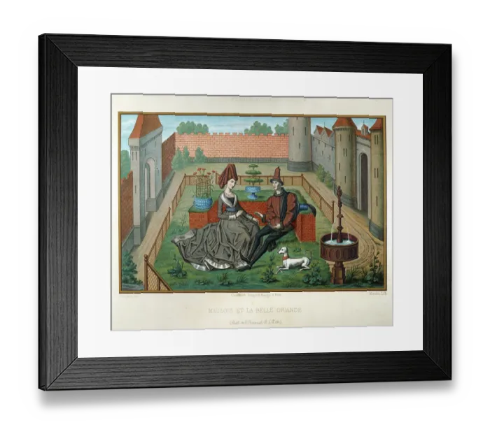 Framed Print : Medieval Romance, Young couple in garden with white dog and fountain, French 15th Century, Vintage illustration, Maulgis with the Belle Oriande in a garden, 15th century Framed Print : Medieval Romance, Young couple in garden with white dog and fountain, French 15th Century, Vintage illustration, Maulgis with the Belle Oriande in a garden, 15th century