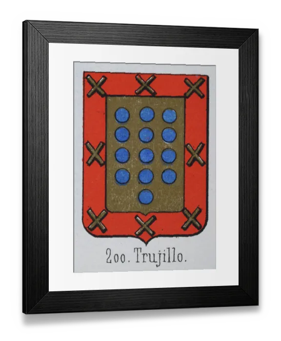 Framed Print : Medieval heraldry, Coat of arms, Shield with Blue, Dot, Gold, Red, Border, Gold, Cross, Spanish, Vintage illustration Framed Print : Medieval heraldry, Coat of arms, Shield with Blue, Dot, Gold, Red, Border, Gold, Cross, Spanish, Vintage illustration