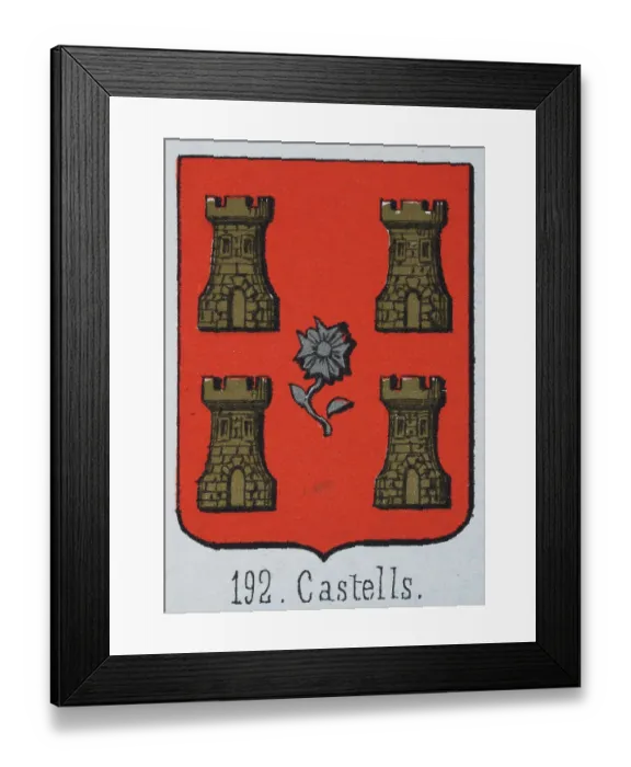 Framed Print : Medieval heraldry, Coat of arms, Shield with Four, Gold, Castle, Silver, Flower, Red, Spanish, Vintage illustration Framed Print : Medieval heraldry, Coat of arms, Shield with Four, Gold, Castle, Silver, Flower, Red, Spanish, Vintage illustration