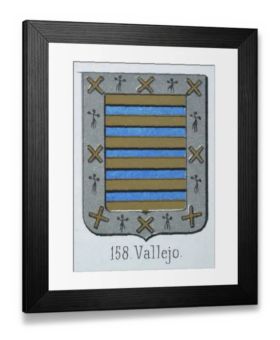Framed Print : Medieval heraldry, Coat of arms, Shield with Gold, Blue, Stripes, Silver, border, cross, Spanish, Vintage illustration