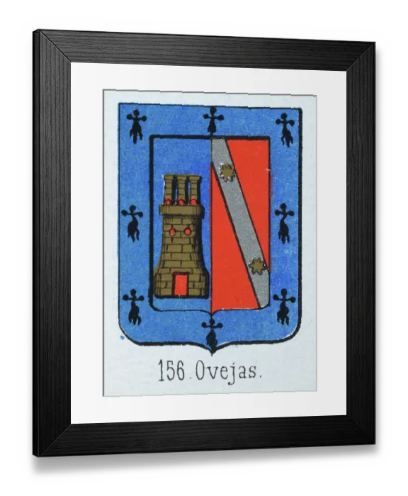 Framed Print : Medieval heraldry, Coat of arms, Shield with Gold, Castle, Blue, Border, Spanish, Vintage illustration Framed Print : Medieval heraldry, Coat of arms, Shield with Gold, Castle, Blue, Border, Spanish, Vintage illustration