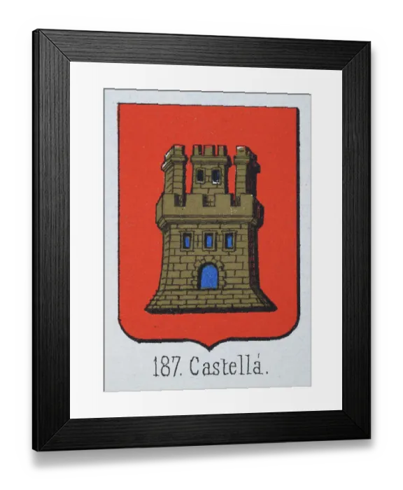 Framed Print : Medieval heraldry, Coat of arms, Shield with Gold, Castle, Red, Spanish, Vintage illustration Framed Print : Medieval heraldry, Coat of arms, Shield with Gold, Castle, Red, Spanish, Vintage illustration
