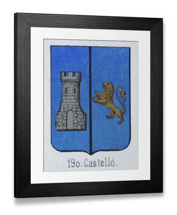 Framed Print : Medieval heraldry, Coat of arms, Shield with halved, Silver, castle, gold, rampant, lion, Spanish, Vintage illustration Framed Print : Medieval heraldry, Coat of arms, Shield with halved, Silver, castle, gold, rampant, lion, Spanish, Vintage illustration