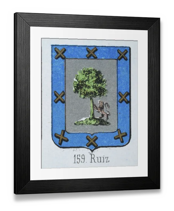 Framed Print : Medieval heraldry, Coat of arms, Shield with oak, tree, lion, silver, Spanish, Vintage illustration Framed Print : Medieval heraldry, Coat of arms, Shield with oak, tree, lion, silver, Spanish, Vintage illustration