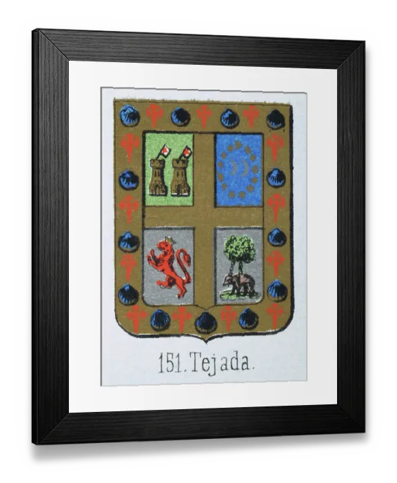 Framed Print : Medieval heraldry, Coat of arms, Shield with Quartered, Castle, Lion, Tree, Gold, Cross, Spanish, Vintage illustration Framed Print : Medieval heraldry, Coat of arms, Shield with Quartered, Castle, Lion, Tree, Gold, Cross, Spanish, Vintage illustration