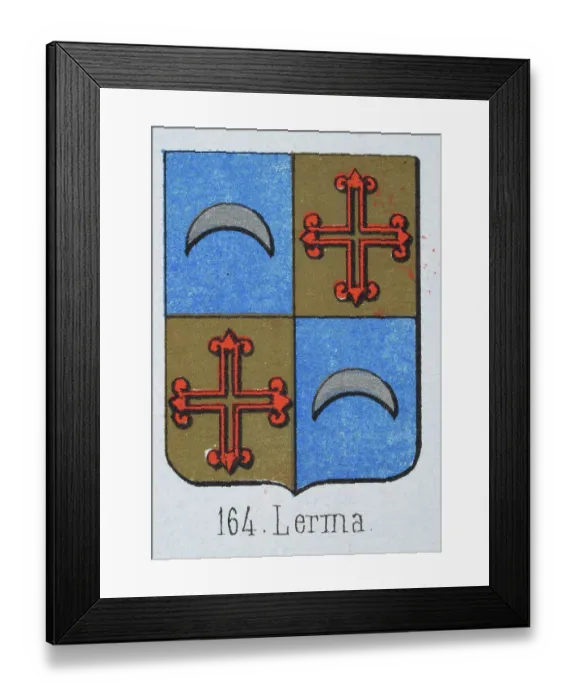 Framed Print : Medieval heraldry, Coat of arms, Shield with Quartered, silver, crescent, red, cross, gold, Spanish, Vintage illustration Framed Print : Medieval heraldry, Coat of arms, Shield with Quartered, silver, crescent, red, cross, gold, Spanish, Vintage illustration