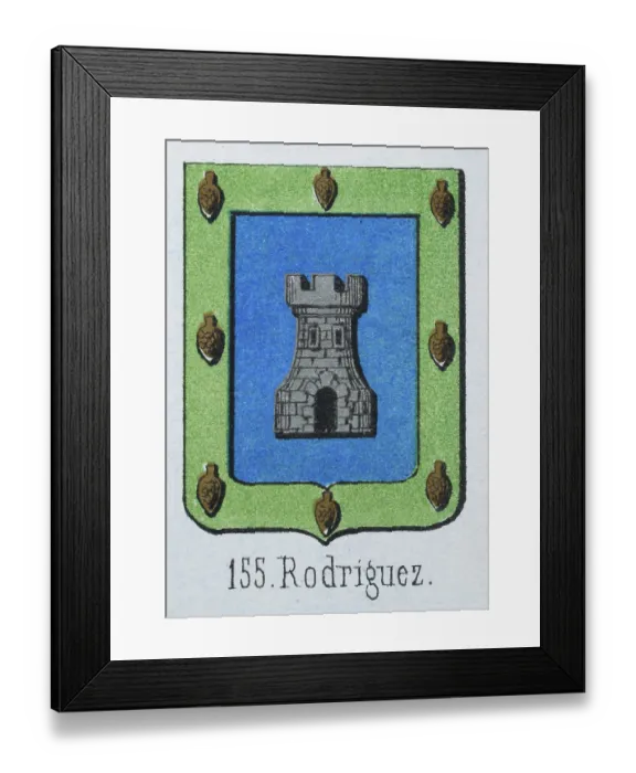 Framed Print : Medieval heraldry, Coat of arms, Shield with Silver, Castle, Blue, Green, Border, Spanish, Vintage illustration Framed Print : Medieval heraldry, Coat of arms, Shield with Silver, Castle, Blue, Green, Border, Spanish, Vintage illustration