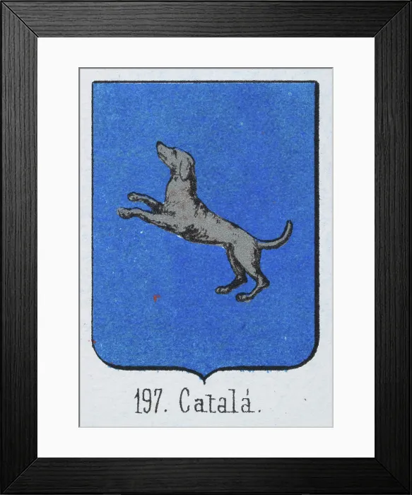 Framed Print : Medieval heraldry, Coat of arms, Shield with Silver, Jumping, Dog, Blue, Spanish, Vintage illustration Framed Print : Medieval heraldry, Coat of arms, Shield with Silver, Jumping, Dog, Blue, Spanish, Vintage illustration
