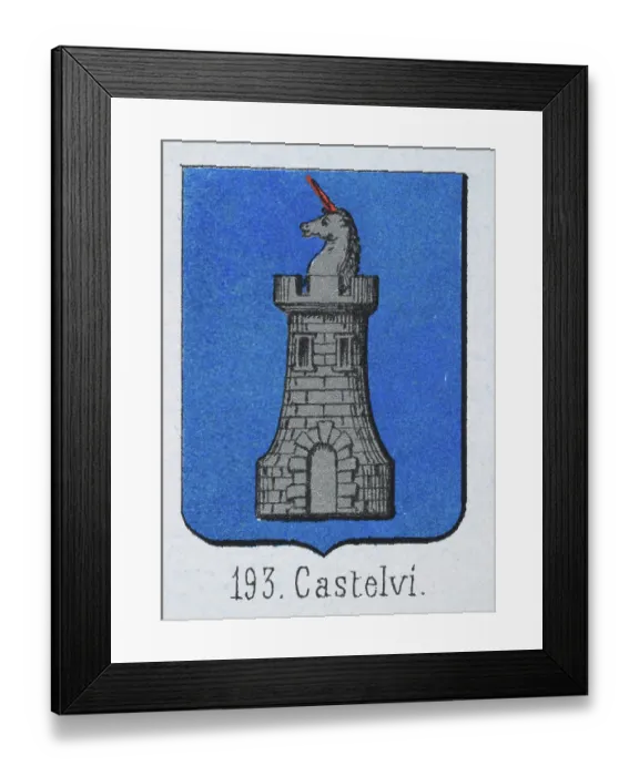 Framed Print : Medieval heraldry, Coat of arms, Shield with Silver, Unicorn, Castle, Blue, Spanish, Vintage illustration Framed Print : Medieval heraldry, Coat of arms, Shield with Silver, Unicorn, Castle, Blue, Spanish, Vintage illustration