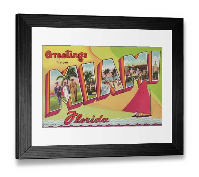 Framed Print : Vintage Postcard, Greetings from Miami Florida, circa 1945 Framed Print : Vintage Postcard, Greetings from Miami Florida, circa 1945