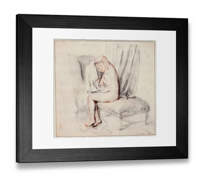 Framed Print : Nude woman sitting on a chaise longue, putting on her shirt, 18th century. Artist: Jean-Antoine Watteau Framed Print : Nude woman sitting on a chaise longue, putting on her shirt, 18th century. Artist: Jean-Antoine Watteau