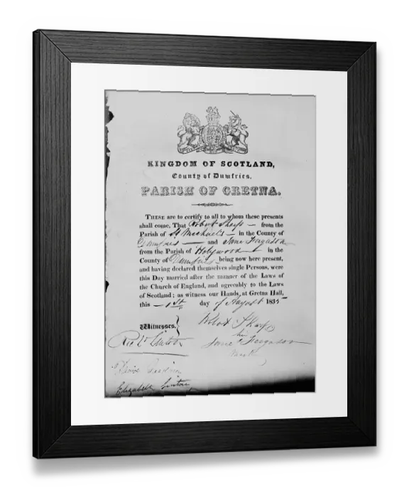 Framed Print : Gretna Green Marriage Certificate Framed Print : Gretna Green Marriage Certificate