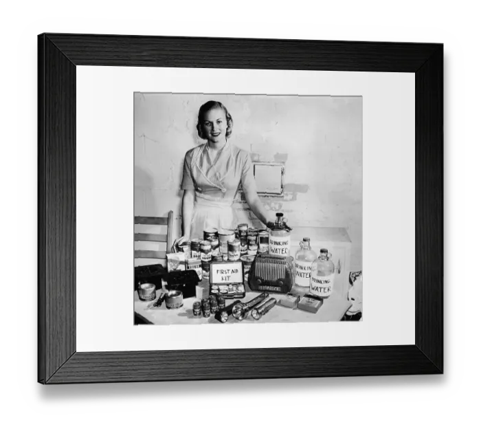 Framed Print : Housewife Posing With Bomb Shelter Supplies Framed Print : Housewife Posing With Bomb Shelter Supplies
