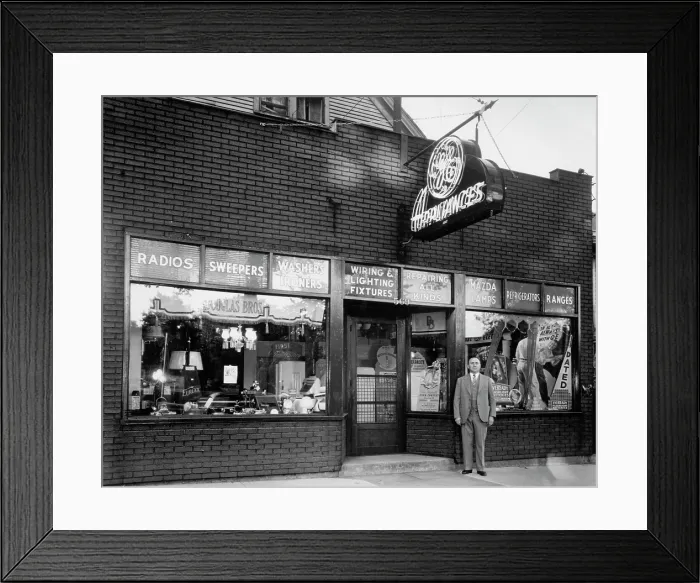 Framed Print : Man Outside Appliances Shop Framed Print : Man Outside Appliances Shop
