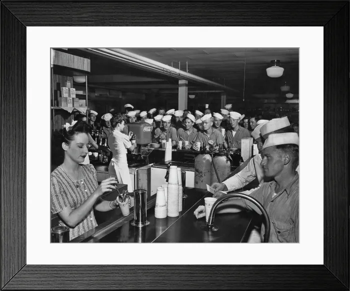 Framed Print : Navy Bar. US Navy personnel at a bar serving soft drinks, circa 1943 Framed Print : Navy Bar. US Navy personnel at a bar serving soft drinks, circa 1943