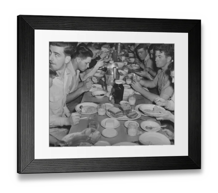 Framed Print : Navy Food. US Navy sailors sitting at a table eating food, circa 1940s Framed Print : Navy Food. US Navy sailors sitting at a table eating food, circa 1940s