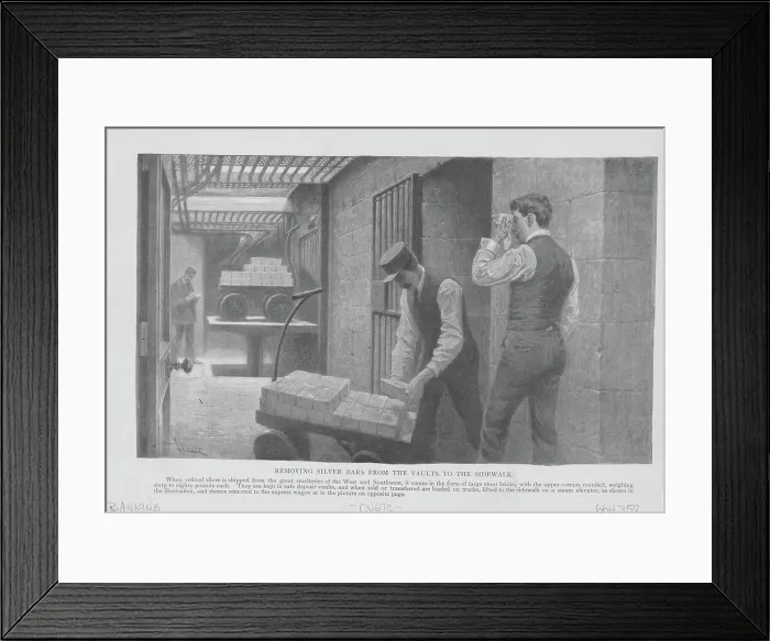 Framed Print : Banking. Illustration depicting the inner working of a bank; removing silver bars