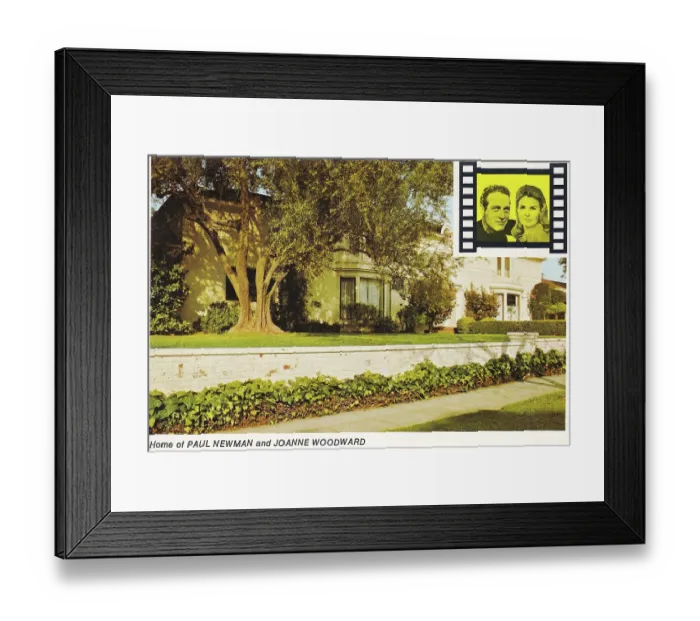 Framed Print : Vintage souvenir postcard of Paul Newman and Joanne Woodward's Hollywood Home, Homes of the Stars series, 1977 Framed Print : Vintage souvenir postcard of Paul Newman and Joanne Woodward's Hollywood Home, Homes of the Stars series, 1977