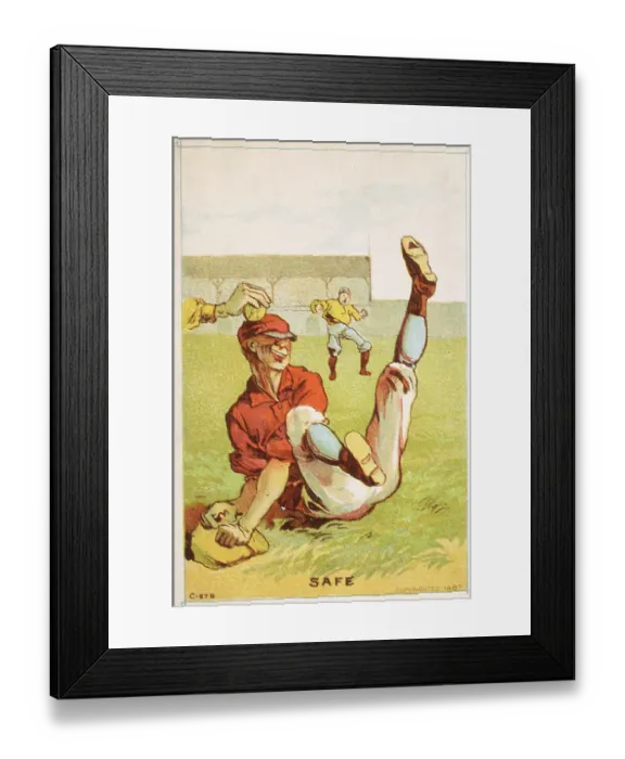 Framed Print : Safe VTC. Lithographic trade card featuring a baseball runner who is called safe, 1883 Framed Print : Safe VTC. Lithographic trade card featuring a baseball runner who is called safe, 1883