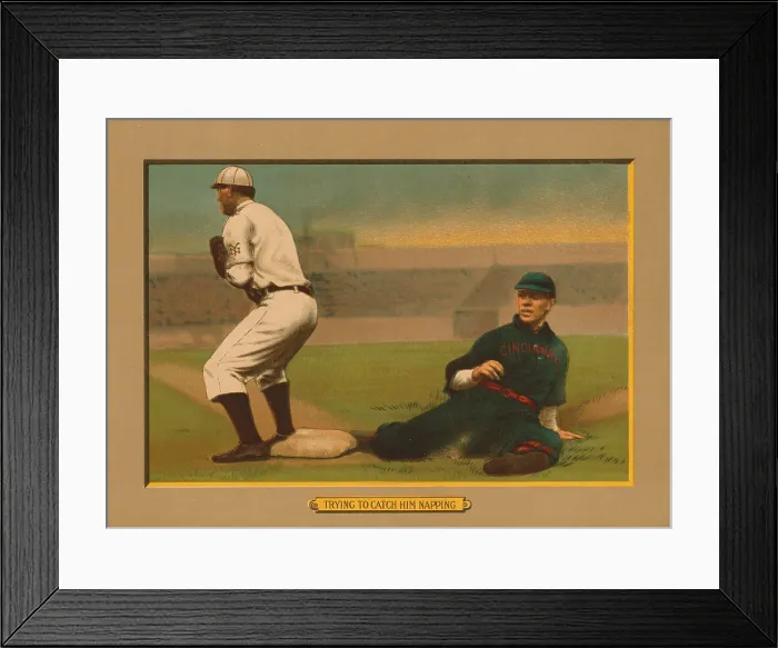 Framed Print : Baseball Card Titled Trying to Catch Him Napping Framed Print : Baseball Card Titled Trying to Catch Him Napping