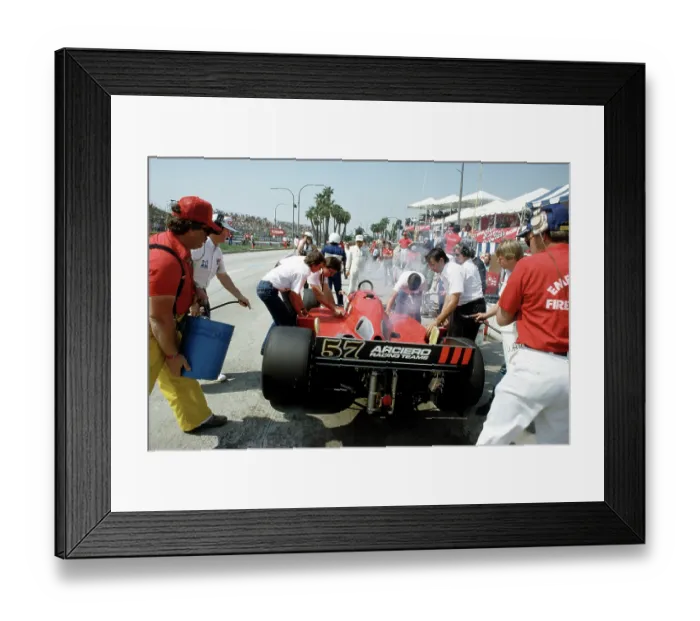 Framed Print : Racer Randy Lanier car smokes on Pit Row at Long Beach Grand Prix Race 1985