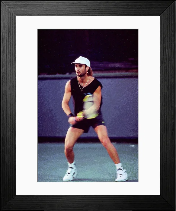 Framed Print : Tennis Champion Andre Agassi Playing In Indian Wells, California In March 1989 Framed Print : Tennis Champion Andre Agassi Playing In Indian Wells, California In March 1989