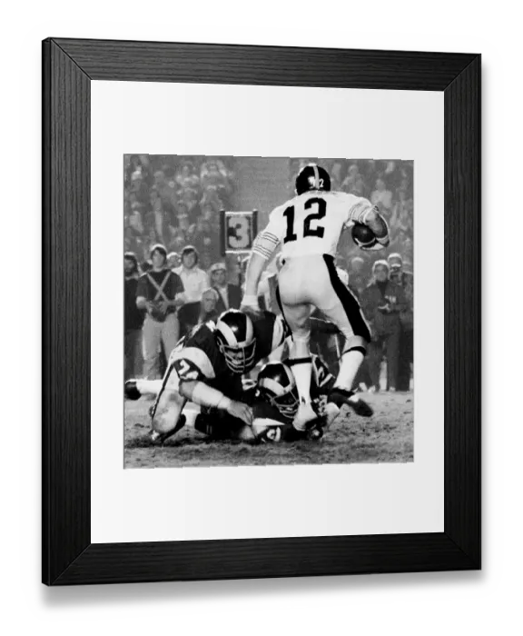 Framed Print : Steelers Quarterback Terry Bradshaw under pressure during Los Angeles Rams vs Pittsburgh Steelers 1975 Framed Print : Steelers Quarterback Terry Bradshaw under pressure during Los Angeles Rams vs Pittsburgh Steelers 1975