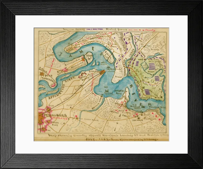 Framed Print : 2nd Army Corps at Harrison's Landing, Va. July 9th 1862. From actual survey made for Genl. Heintzelman
