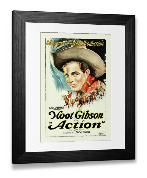 Framed Print : Action. Poster from the silent film era starring Hoot Gibson Framed Print : Action. Poster from the silent film era starring Hoot Gibson