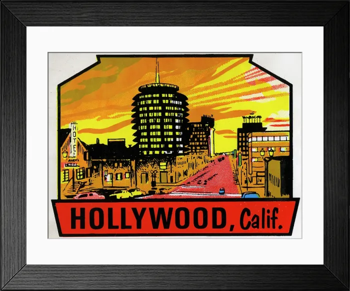 Framed Print : Hollywood. USA - 1965: A decal for Hollywood, California from 1965 in USA Framed Print : Hollywood. USA - 1965: A decal for Hollywood, California from 1965 in USA